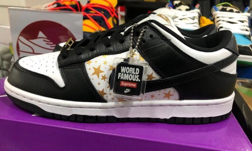 Supreme x Nike SB Dunk Low 'Black Stars' DH3228-102 Kickbulk Sneaker camera photos